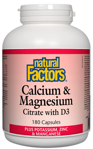 Natural Factors Calcium & Magnesium Citrate with D3 and potassium, zinc & manganese helps in the development and maintenance of bones and teeth. The minerals are in the citrate form, making them more readily absorbable and metabolized by the body. Vitamin D3 is in the cholecalciferol form, which is natural, safe, and highly absorbable.