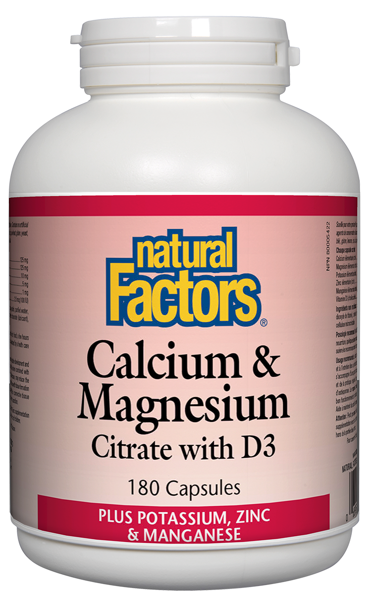 Natural Factors Calcium & Magnesium Citrate with D3 and potassium, zinc & manganese helps in the development and maintenance of bones and teeth. The minerals are in the citrate form, making them more readily absorbable and metabolized by the body. Vitamin D3 is in the cholecalciferol form, which is natural, safe, and highly absorbable.