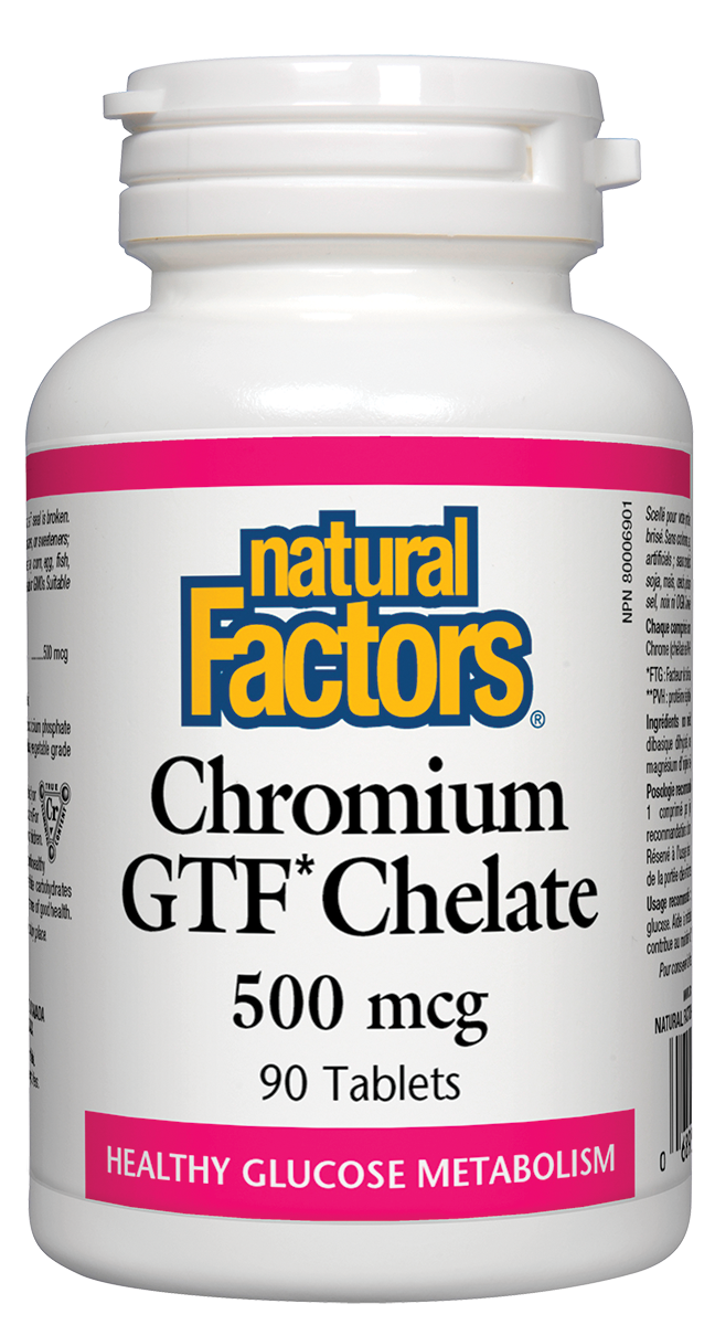 Natural Factors Chromium GTF Chelate is naturally derived from yeast and is highly absorbable. A mineral that is required by the body in small amounts, chromium is essential for metabolic processes that regulate blood sugar, and helps insulin transport glucose into cells, where it can be used for energy. 