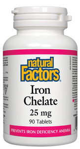 Natural Factors Iron Chelate 25 mg is a factor in the formation and proper function of red blood cells. It helps prevent iron deficiency anemia and to maintain good health. 