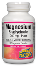 Load image into Gallery viewer, Magnesium Bisglycinate from Natural Factors provides 200 mg of this essential mineral for natural relief from muscle cramps. This non-GMO, vegan-friendly magnesium is easy on the stomach and does not rely on stomach acid for absorption. Just one capsule per day can restore magnesium levels to support energy metabolism, muscles, bones, and teeth.