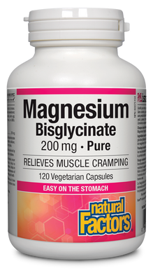 Magnesium Bisglycinate from Natural Factors provides 200 mg of this essential mineral for natural relief from muscle cramps. This non-GMO, vegan-friendly magnesium is easy on the stomach and does not rely on stomach acid for absorption. Just one capsule per day can restore magnesium levels to support energy metabolism, muscles, bones, and teeth.