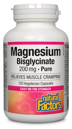 Magnesium Bisglycinate from Natural Factors provides 200 mg of this essential mineral for natural relief from muscle cramps. This non-GMO, vegan-friendly magnesium is easy on the stomach and does not rely on stomach acid for absorption. Just one capsule per day can restore magnesium levels to support energy metabolism, muscles, bones, and teeth.