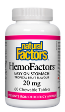 Load image into Gallery viewer, HemoFactors by Natural Factors contains SunActive® iron, a highly bioavailable form of elemental iron that is easily absorbable and gentle on the stomach. Iron is a trace mineral found in hemoglobin that carries oxygen to cells to help produce energy. Supplementation helps prevent iron deficiency anemia and is especially important for women of child-bearing age.