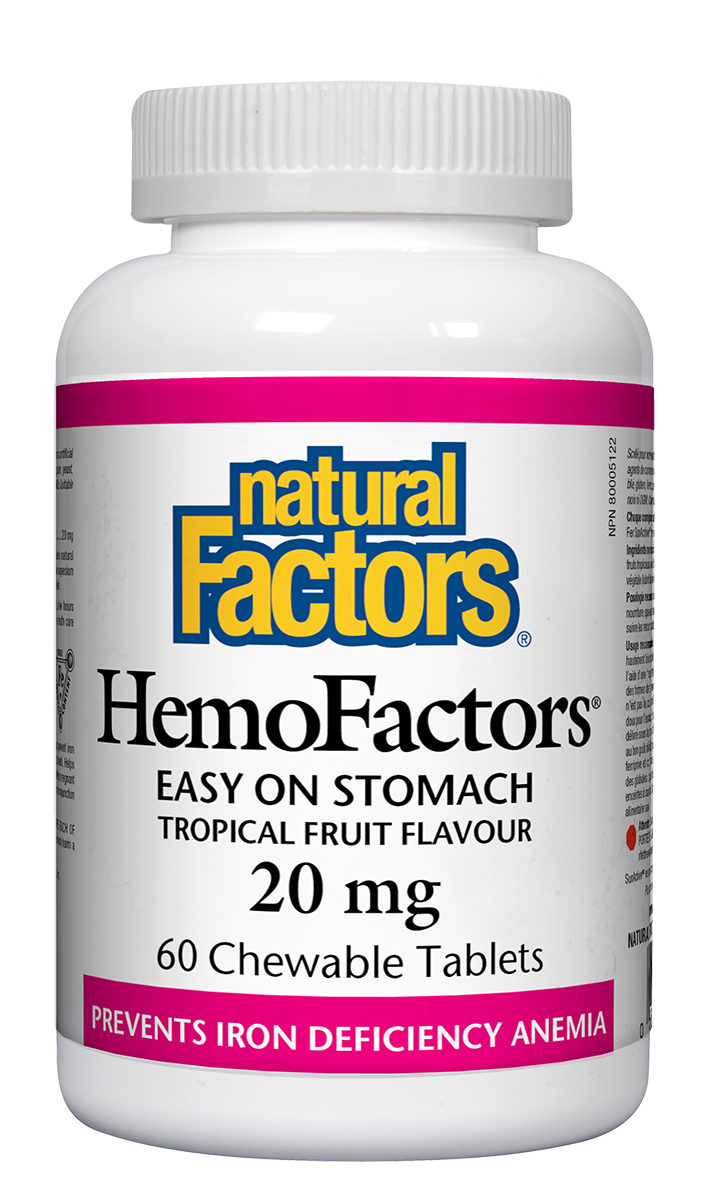 HemoFactors by Natural Factors contains SunActive® iron, a highly bioavailable form of elemental iron that is easily absorbable and gentle on the stomach. Iron is a trace mineral found in hemoglobin that carries oxygen to cells to help produce energy. Supplementation helps prevent iron deficiency anemia and is especially important for women of child-bearing age.