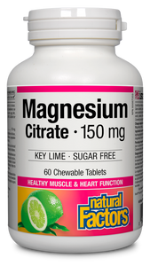 Natural Factors Magnesium provides 150 mg of high-quality, bioavailable magnesium citrate in a delicious, sugar-free, Key lime flavoured chewable tablet. Magnesium helps maintain proper muscle function and supports healthy bones and teeth. This one-per-day formula is easy to take and offers an enjoyable option for people who have difficulty swallowing pills.