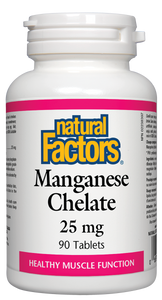 Natural Factors Manganese Chelate 25 mg is a factor in the maintenance of good health. It helps metabolize fats, proteins, and carbohydrates, and plays a role in bone health.