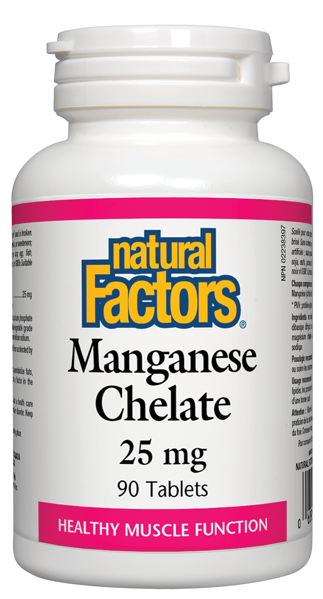 Natural Factors Manganese Chelate 25 mg is a factor in the maintenance of good health. It helps metabolize fats, proteins, and carbohydrates, and plays a role in bone health.