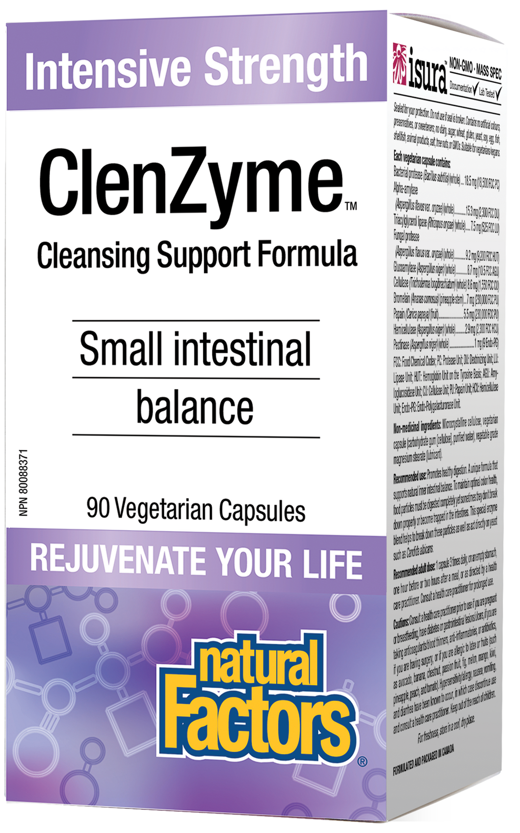 Cleansing Support Formula Natural Factors ClenZyme is a unique intensive-strength enzyme blend specially designed to support digestive function and intestinal balance. This comprehensive digestive aid is used between meals to help break down food particles and release nutrients in the intestine. 