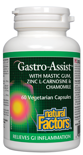 Natural Factors Gastro-Assist provides comprehensive gastrointestinal support, helping to soothe occasional digestive complaints including diarrhea, constipation, bloating, gas, and heartburn. This unique combination of mastic gum, probiotics, zinc L-carnosine, and chamomile helps protect the stomach and intestines by supporting healthy gut microflora and healthy immune function.