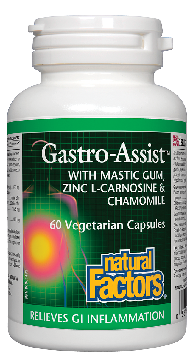 Natural Factors Gastro-Assist provides comprehensive gastrointestinal support, helping to soothe occasional digestive complaints including diarrhea, constipation, bloating, gas, and heartburn. This unique combination of mastic gum, probiotics, zinc L-carnosine, and chamomile helps protect the stomach and intestines by supporting healthy gut microflora and healthy immune function.