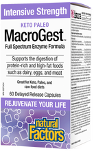 Load image into Gallery viewer, Natural Factors Keto Paleo Macrogest is an intensive-strength digestive enzyme formula that supports the breakdown of protein-rich and high-fat foods such as dairy, eggs, and meat. This comprehensive non-GMO formula provides key proteolytic and digestive enzymes to help decrease bloating and support better digestion, especially for those eating a ketogenic or paleo diet.