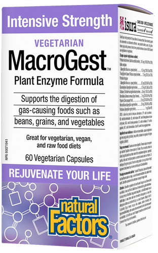 Natural Factors Vegetarian MacroGest is a unique intensive strength plant enzyme formula specially designed to support the breakdown of hard-to-digest foods such as beans, grains, and vegetables; helping to reduce gas and bloating. Vegan friendly and non-GMO, this product provides key enzymes to help digest foods, thus supporting nutrient absorption and colon health.