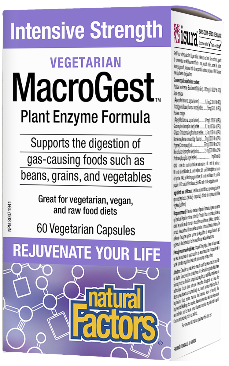 Natural Factors Vegetarian MacroGest is a unique intensive strength plant enzyme formula specially designed to support the breakdown of hard-to-digest foods such as beans, grains, and vegetables; helping to reduce gas and bloating. Vegan friendly and non-GMO, this product provides key enzymes to help digest foods, thus supporting nutrient absorption and colon health.