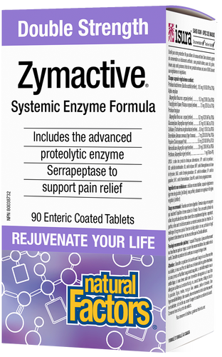 Natural Factors Double Strength Zymactive is a systemic enzyme formula with more than four times the potency of other proteolytic enzyme supplements. The unique combination of proteolytic enzymes breaks down proteins that cause inflammation and pain. The tablets are enteric coated to protect the enzymes from stomach acid during digestion.