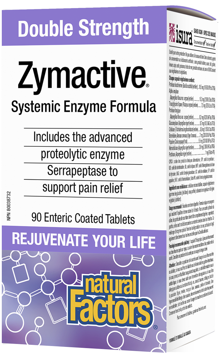 Natural Factors Double Strength Zymactive is a systemic enzyme formula with more than four times the potency of other proteolytic enzyme supplements. The unique combination of proteolytic enzymes breaks down proteins that cause inflammation and pain. The tablets are enteric coated to protect the enzymes from stomach acid during digestion.