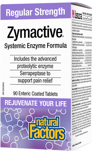 Natural Factors Regular Strength Zymactive is a systemic enzyme formula with more than twice the potency of other proteolytic enzyme supplements. The unique combination of proteolytic enzymes breaks down proteins that cause inflammation and pain. The tablets are enteric coated to protect the enzymes from stomach acid during digestion.
