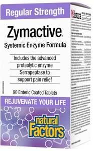 Natural Factors Regular Strength Zymactive is a systemic enzyme formula with more than twice the potency of other proteolytic enzyme supplements. The unique combination of proteolytic enzymes breaks down proteins that cause inflammation and pain. The tablets are enteric coated to protect the enzymes from stomach acid during digestion.