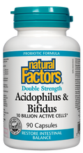 Load image into Gallery viewer, Natural Factors Acidophilus &amp; Bifidus contains three strains of probiotics to assist with the maintenance of normal intestinal health. Each capsule contains goat milk powder to provide an excellent environment for lactic bacteria to grow. Supplementing with Lactobacillus and Bifidobacterium will crowd out unwanted bacteria by repopulating the gastrointestinal tract.