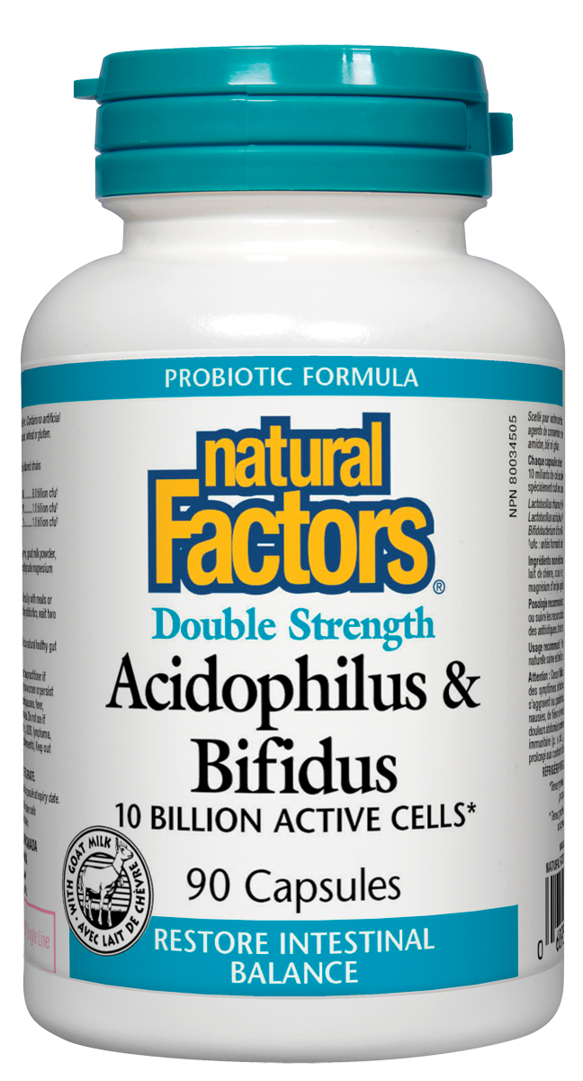 Natural Factors Acidophilus & Bifidus contains three strains of probiotics to assist with the maintenance of normal intestinal health. Each capsule contains goat milk powder to provide an excellent environment for lactic bacteria to grow. Supplementing with Lactobacillus and Bifidobacterium will crowd out unwanted bacteria by repopulating the gastrointestinal tract.