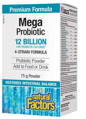 Natural Factors Mega Probiotic Powder contains four strains of probiotics to assist with the maintenance of normal intestinal health. The powder is guaranteed to contain 12 billion active cells per serving along with fructooligosaccharides (FOS) to specifically assist in re-establishing and maintaining normal intestinal microflora. 