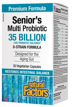 Load image into Gallery viewer, Natural Factors Senior’s Multi Probiotic provides eight bifidobacteria and lactobacilli species for targeted support of both the small and large intestines. This senior-specific formula helps replenish these bacteria species, which decline with age. Probiotics help relieve constipation, gas, and bloating, and combat age-related decline in immune system function.