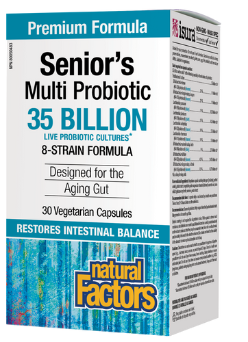Natural Factors Senior’s Multi Probiotic provides eight bifidobacteria and lactobacilli species for targeted support of both the small and large intestines. This senior-specific formula helps replenish these bacteria species, which decline with age. Probiotics help relieve constipation, gas, and bloating, and combat age-related decline in immune system function.