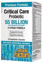 Load image into Gallery viewer, Natural Factors Critical Care Probiotic 55 Billion Active Cells contains nine Bifidobacteria and Lactobacilli species for acute targeted support of both the small and large intestines. It restores beneficial bacteria lost through antibiotic use and enhances immune health. 