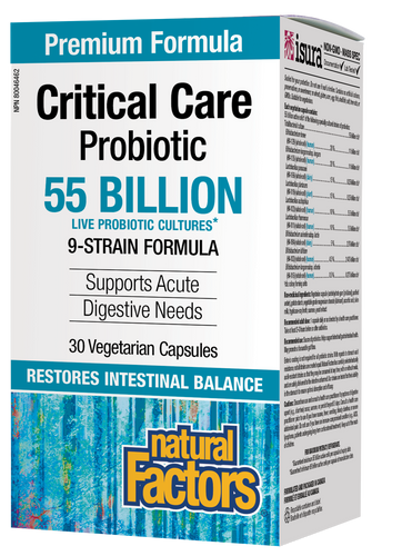 Natural Factors Critical Care Probiotic 55 Billion Active Cells contains nine Bifidobacteria and Lactobacilli species for acute targeted support of both the small and large intestines. It restores beneficial bacteria lost through antibiotic use and enhances immune health. 
