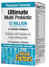 Load image into Gallery viewer, Probiotic supplementation provides live microorganisms that temporarily modify gut flora, helping to maintain natural intestinal balance, improve digestion and immunity. Natural Factors Ultimate Multi Probiotic contains active cells of a blend of specially cultured strains of probiotics, chosen for their compatibility and ability to survive stomach acidity.