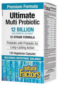 Probiotic supplementation provides live microorganisms that temporarily modify gut flora, helping to maintain natural intestinal balance, improve digestion and immunity. Natural Factors Ultimate Multi Probiotic contains active cells of a blend of specially cultured strains of probiotics, chosen for their compatibility and ability to survive stomach acidity.