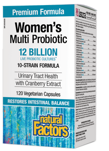 Natural Factors Women’s Multi Probiotic is a 10-strain formula featuring probiotic strains shown to support the health of the intestinal, vaginal, and urinary tract. This formula also includes 300 mg of CranRich® cranberry 36:1 concentrate, which helps prevent recurrent urinary tract infections in women while maintaining healthy digestive function.