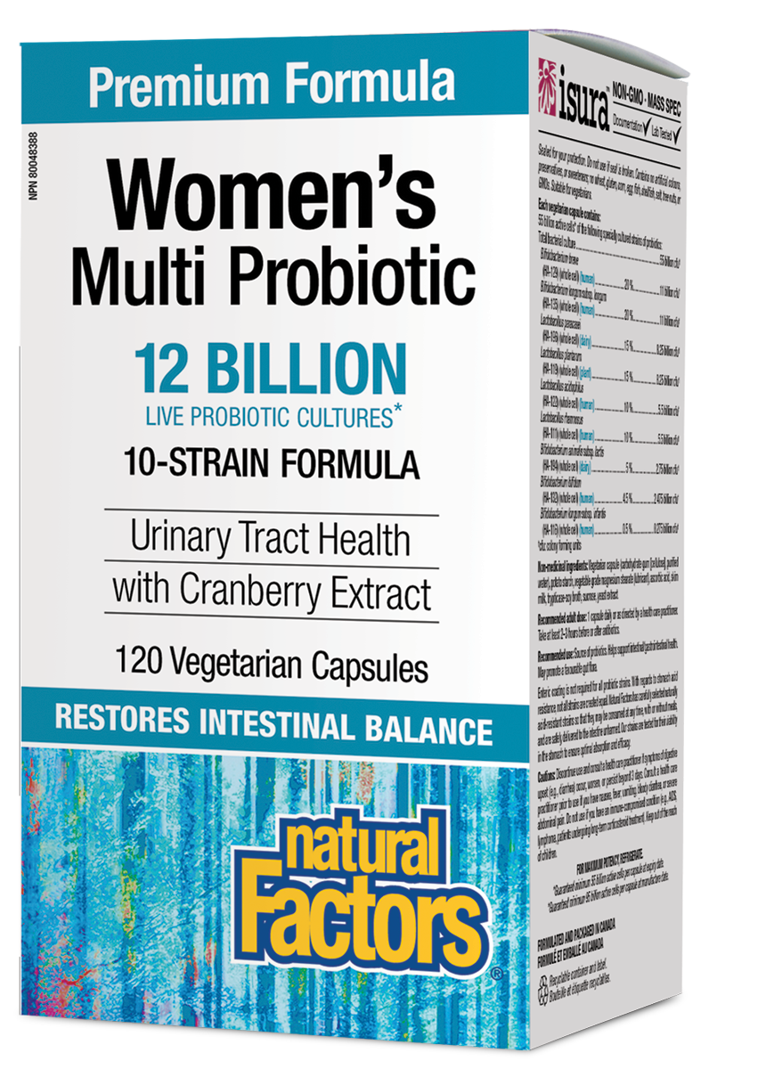 Natural Factors Women’s Multi Probiotic is a 10-strain formula featuring probiotic strains shown to support the health of the intestinal, vaginal, and urinary tract. This formula also includes 300 mg of CranRich® cranberry 36:1 concentrate, which helps prevent recurrent urinary tract infections in women while maintaining healthy digestive function.