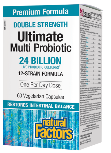 Natural Factors Double Strength Ultimate Multi Probiotic is a one-per-day 12-strain formula featuring a guaranteed total of 24 billion colony forming units at expiry to comprehensively support gastrointestinal health.