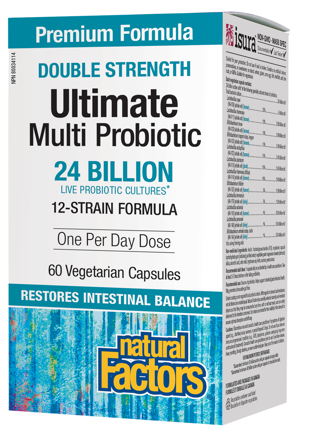 Natural Factors Double Strength Ultimate Multi Probiotic is a one-per-day 12-strain formula featuring a guaranteed total of 24 billion colony forming units at expiry to comprehensively support gastrointestinal health.