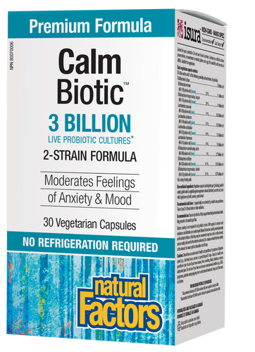 Natural Factors Calm Biotic® Moderates feelings of anxiety and promotes a healthy mood balance. 