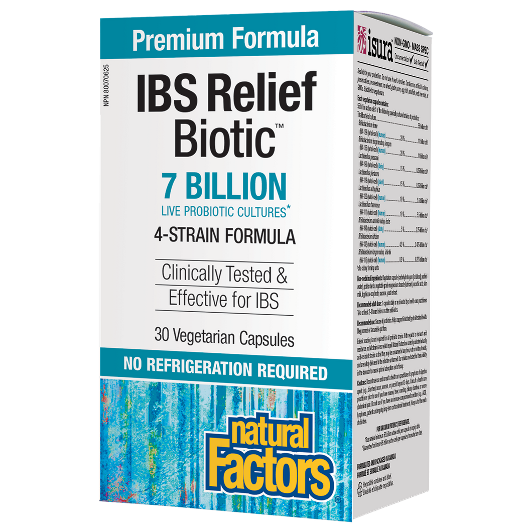 Natural Factors Relief Biotic® is a multi-strain formula featuring 7 billion colony forming units (cfu) of probiotics, including Lactobacillus, Bacillus, and Enterococcus strains shown to relieve some symptoms of irritable bowel syndrome (IBS). This innovative probiotic formula also helps reduce the risk of antibiotic-associated diarrhea and is shelf stable – no refrigeration required! 