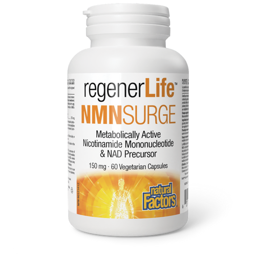 RegenerLife NMNSurge by Natural factors. It contains metabolically active nicotinamide mononucleotide (NMN), an anti-aging ingredient used to rejuvenate cellular health. 