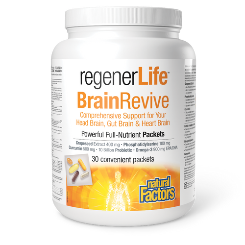 RegenerLife BrainRevive provides comprehensive nutritional support for your heart, brain, and gut for optimal emotional well-being. Each convenient daily supplement packet contains five softgels and vegetarian capsules providing nutrients for cognitive health