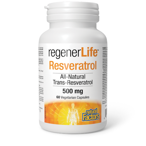 Natural Factors RegenerLife Resveratrol offers a highly concentrated form of all-natural trans-resveratrol, a potent antioxidant to protect cells and tissues from oxidative damage that causes premature aging. Resveratrol helps protect blood vessels, brain cells, joint tissue, and skin, making it a superstar compound for whole-body health and longevity. RegenerLife Resveratrol is sourced from grapes grown in the Okanagan Valley of British Columbia and Japanese knotweed.
