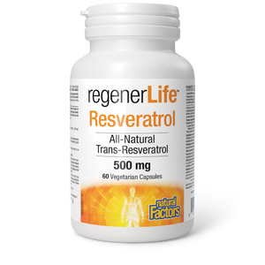 Natural Factors RegenerLife Resveratrol offers a highly concentrated form of all-natural trans-resveratrol, a potent antioxidant to protect cells and tissues from oxidative damage that causes premature aging. Resveratrol helps protect blood vessels, brain cells, joint tissue, and skin, making it a superstar compound for whole-body health and longevity. RegenerLife Resveratrol is sourced from grapes grown in the Okanagan Valley of British Columbia and Japanese knotweed.