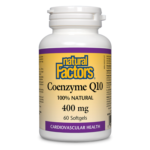 Coenzyme Q10 is a vitamin-like essential nutrient that helps increase levels of cellular energy production and is required by every cell in our body. Known to support cardiovascular health and cellular vigour. Natural Factors Coenzyme Q10 400 mg is 100% natural.