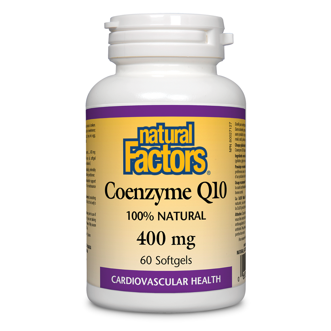 Coenzyme Q10 is a vitamin-like essential nutrient that helps increase levels of cellular energy production and is required by every cell in our body. Known to support cardiovascular health and cellular vigour. Natural Factors Coenzyme Q10 400 mg is 100% natural.