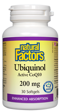 Load image into Gallery viewer, Natural Factors Ubiquinol Active CoQ10 is the active form of coenzyme Q10 which is naturally produced by our cells and is significantly better absorbed, particularly as we age. CoQ10 helps maintain cardiovascular health and offers antioxidant protection for the maintenance of good health.