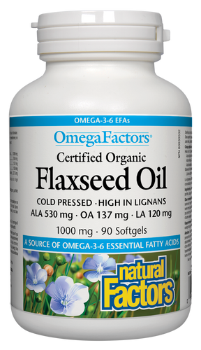 OmegaFactors Certified Organic Flaxseed Oil is derived from certified organic flax, grown in Alberta, Canada where the cool, northern latitudes produce superior flaxseed oil, high in the omega-3 fatty acids.