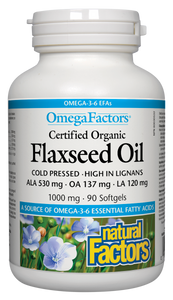 OmegaFactors Certified Organic Flaxseed Oil is derived from certified organic flax, grown in Alberta, Canada where the cool, northern latitudes produce superior flaxseed oil, high in the omega-3 fatty acids.