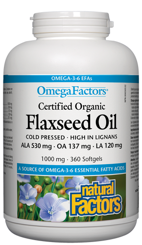 OmegaFactors Certified Organic Flaxseed Oil is derived from certified organic flax, grown in Alberta, Canada where the cool, northern latitudes produce superior flaxseed oil, high in the omega-3 fatty acids.