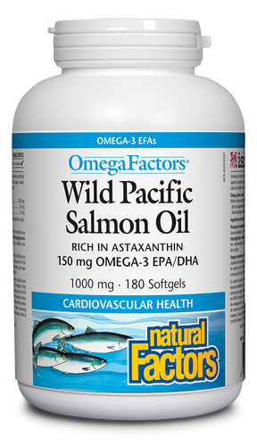 OmegaFactors Wild Pacific Salmon Oil is derived exclusively from wild salmon, which is high in omega-3 EFAs.  The health benefits of omega-3s are for heart disease, high blood pressure, rheumatoid arthritis, and mental and emotional health, as well as improved brain, eye, and nerve development in infants and children. 