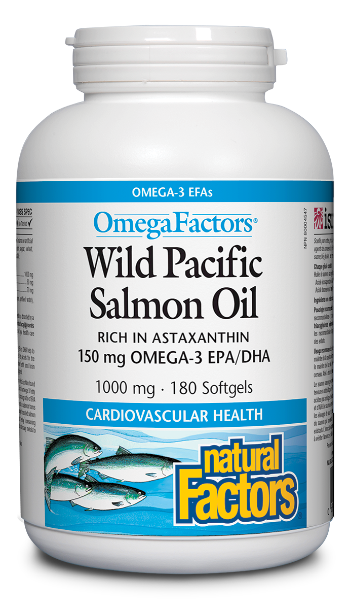 OmegaFactors Wild Pacific Salmon Oil is derived exclusively from wild salmon, which is high in omega-3 EFAs.  The health benefits of omega-3s are for heart disease, high blood pressure, rheumatoid arthritis, and mental and emotional health, as well as improved brain, eye, and nerve development in infants and children. 