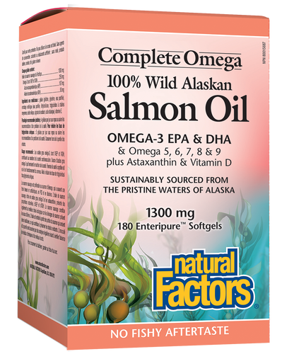 Natural Factors was the first Canadian company to offer whole, natural salmon oil from wild-caught Alaskan salmon, and has been doing so for over 25 years. Complete Omega 100% Wild Alaskan Salmon Oil provides the full spectrum of synergistic omega fatty acids, as well as naturally occurring astaxanthin and vitamin D. 